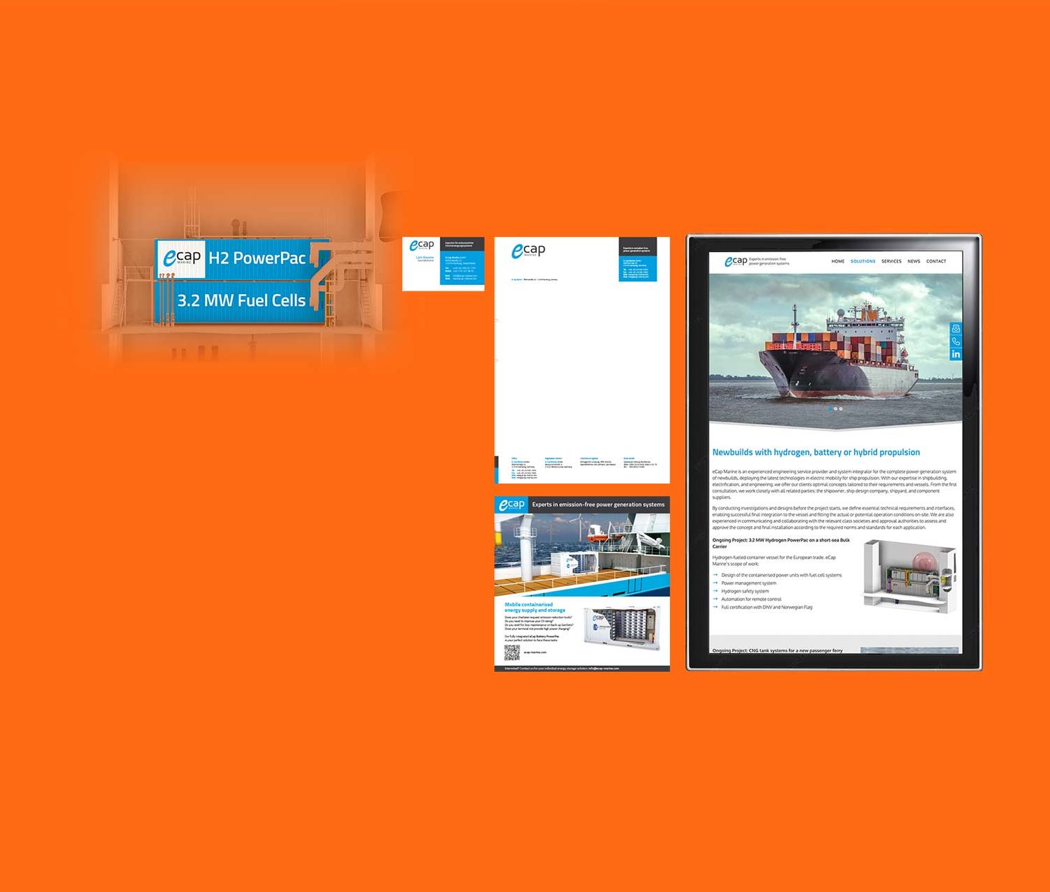 Das Hamburger Unternehmen arbeitet an der Energiewende zur See und an Land mit Wasserstoff und Hybrid Antrieben und Energiegewinnungslösungen. Wir erstellten Logo, Website, Broschüren, Flyer, Folder, Messestände, Roll-Ups, Visitenkarten und vieles mehr.