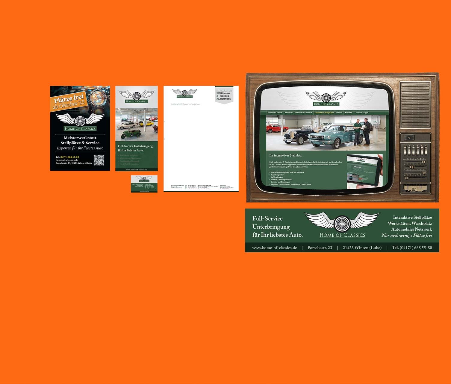 Das Home of Classics in Winsen bei Hamburg ist eine hochwertige Full-Service Unterbringung für Oldtimer und Youngtimer. Unser Corporate Design im automotiven, klassischen Look passt zur high-end Fahrzeug Unterbringung.